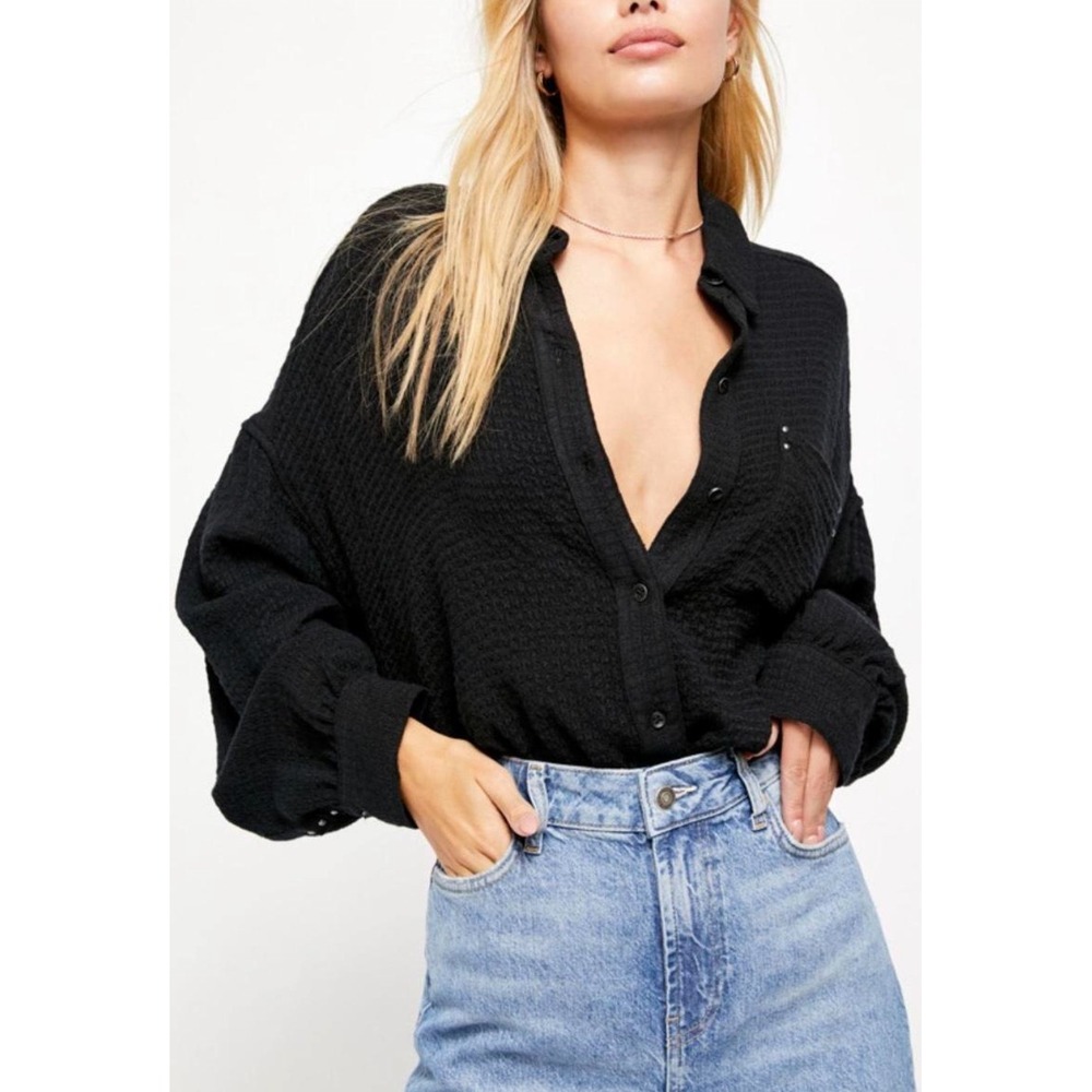 Free People Hidden Valley Button Down Black Shirt Textured Oversized Lounge S - Picture 12 of 13